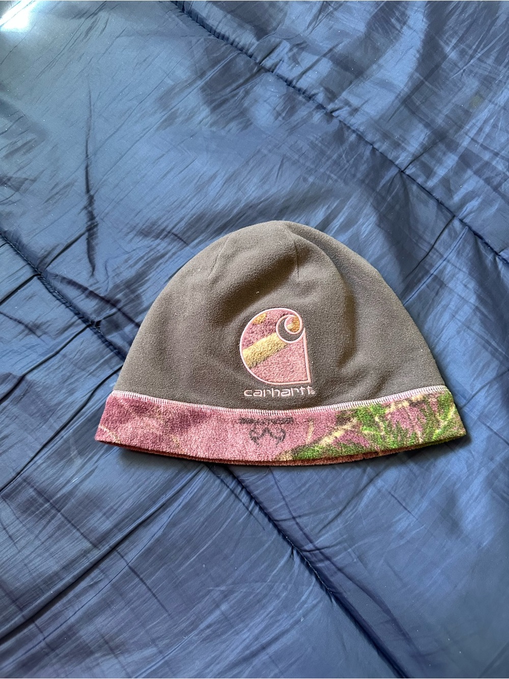 Carhartt women’s Brown Beanie with Pink & Green Cuff